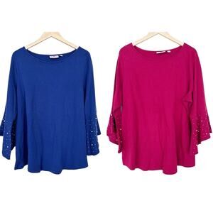 Quacker Factory Blue and Red Bell Sleeve Blouses Relaxed Fit